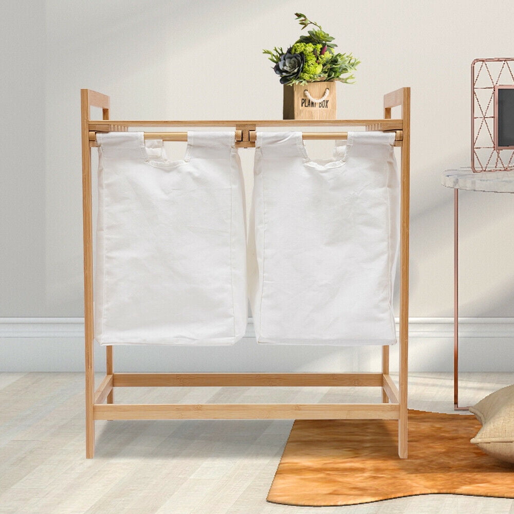 Fichiouy 2 Sections Bamboo Hamper Laundry Basket Washing Cloth Bin Toy