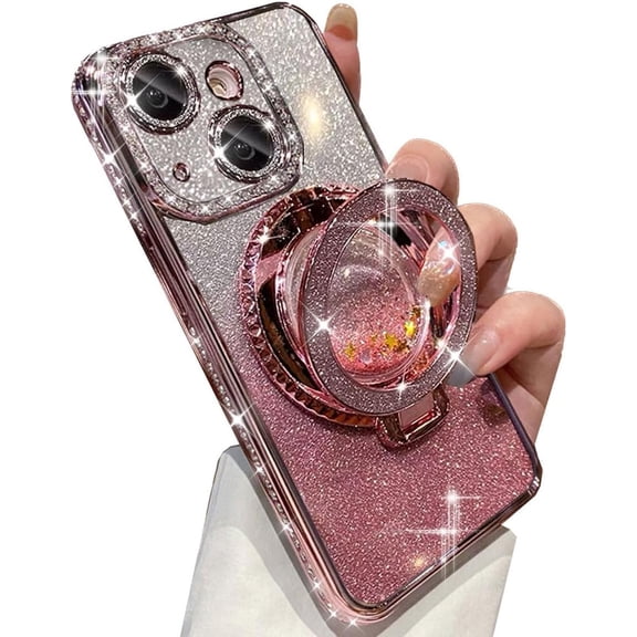 for iPhone 15 Plus Case with Magnetic Kickstand, Luxury Cute Sparkly Bling Glitter Rhinestones Phone Case, Glass Camera Lens Protector, Flowing Liquid Ring Stand for iPhone 15 Plus (Pink)