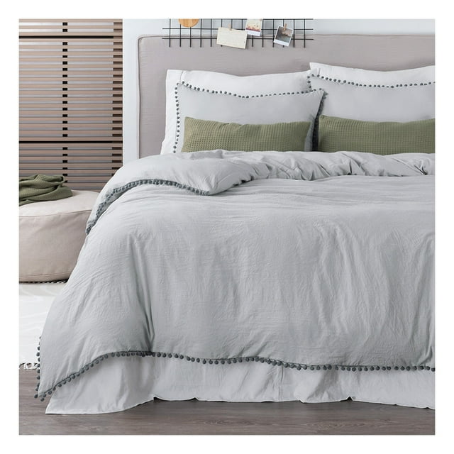 Funda de Edredón Duvet con Pompones y Fundas de Almohada Esquimal (Gris Claro -Gris, King Size XL)