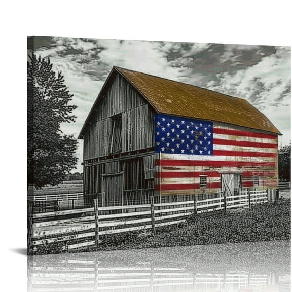 Creowell Wall-Art Black and White Farmhouse Barn American Flag, Wall Art, Gallery Wrapped Canvas 20x16in
