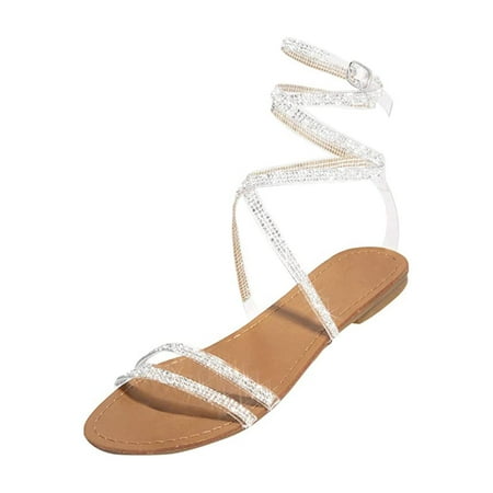 

Lacyie Sandals for Women Casual Summer Flat Rhinestone Strap Flip Flops