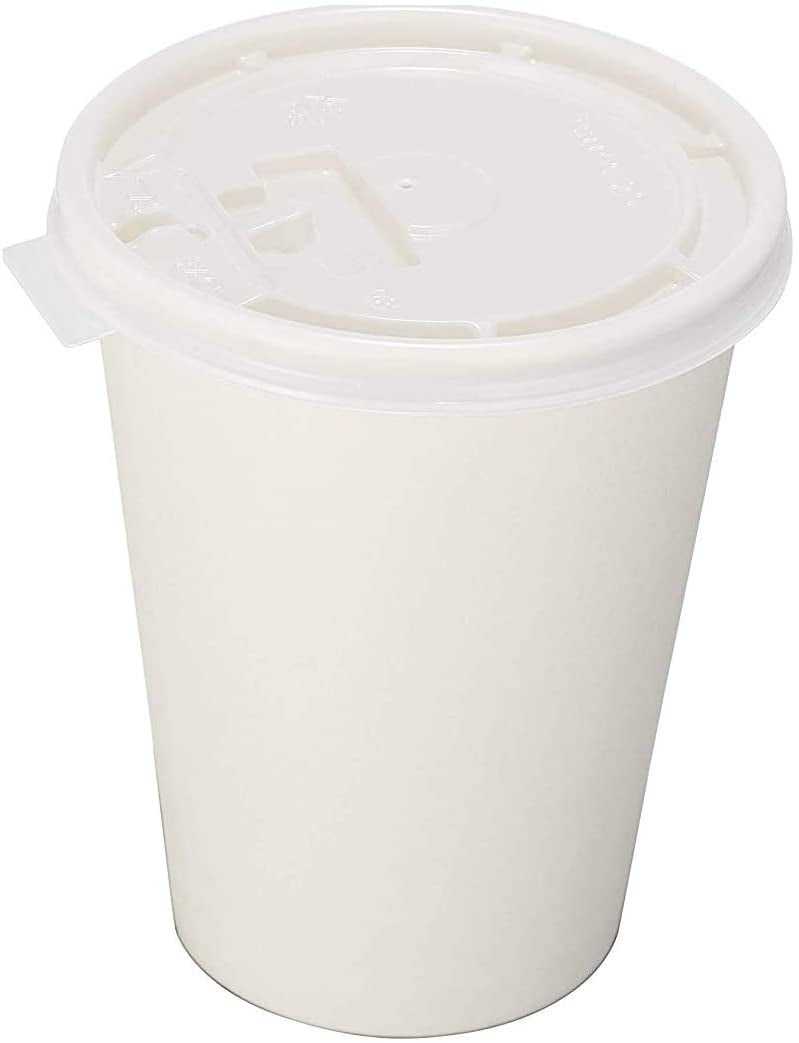 Disposable Poly Paper Hot Tea Coffee Cups with Flat White Lids 100 Pack 16 Oz