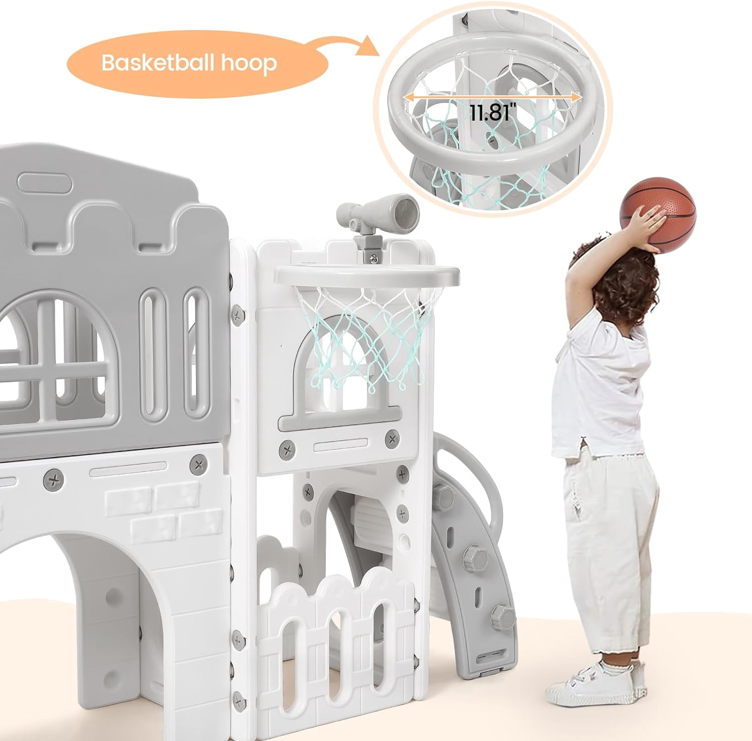 8 in 1 Toddler Slide Indoor Playground, Indoor Slide Toddler Playset for Toddlers 1-3, Kids Outdoor Playground with Slide, Basketball Hoop, Climber, Crawling Tunnel, Telescope, Grey & White