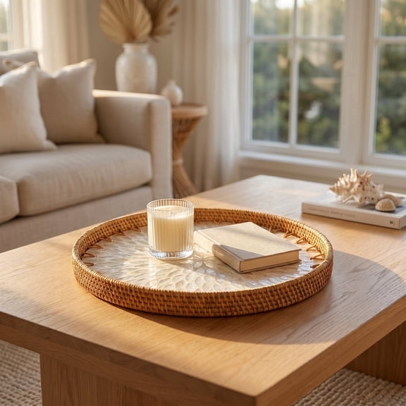 Rattan Tray – Round Wicker with Mother of Pearl Inlay Wooden Base for Coffee Table, Food Display, Home Decor