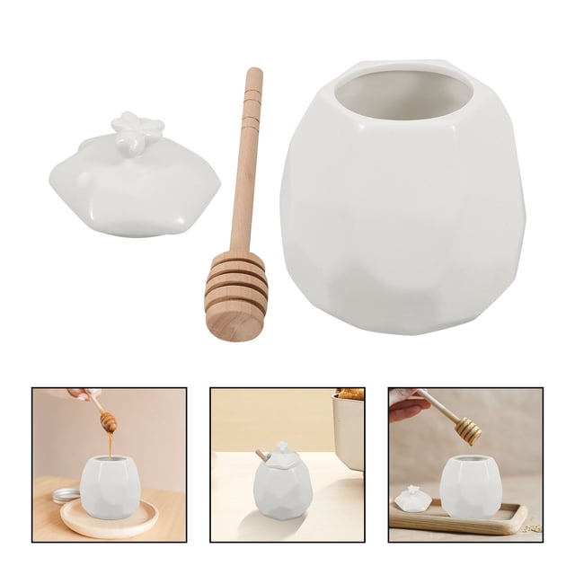 DEEPCRAFF 1Set White Ceramic Honey Dispenser with Wooden Dipper Practical Honey Storage Container