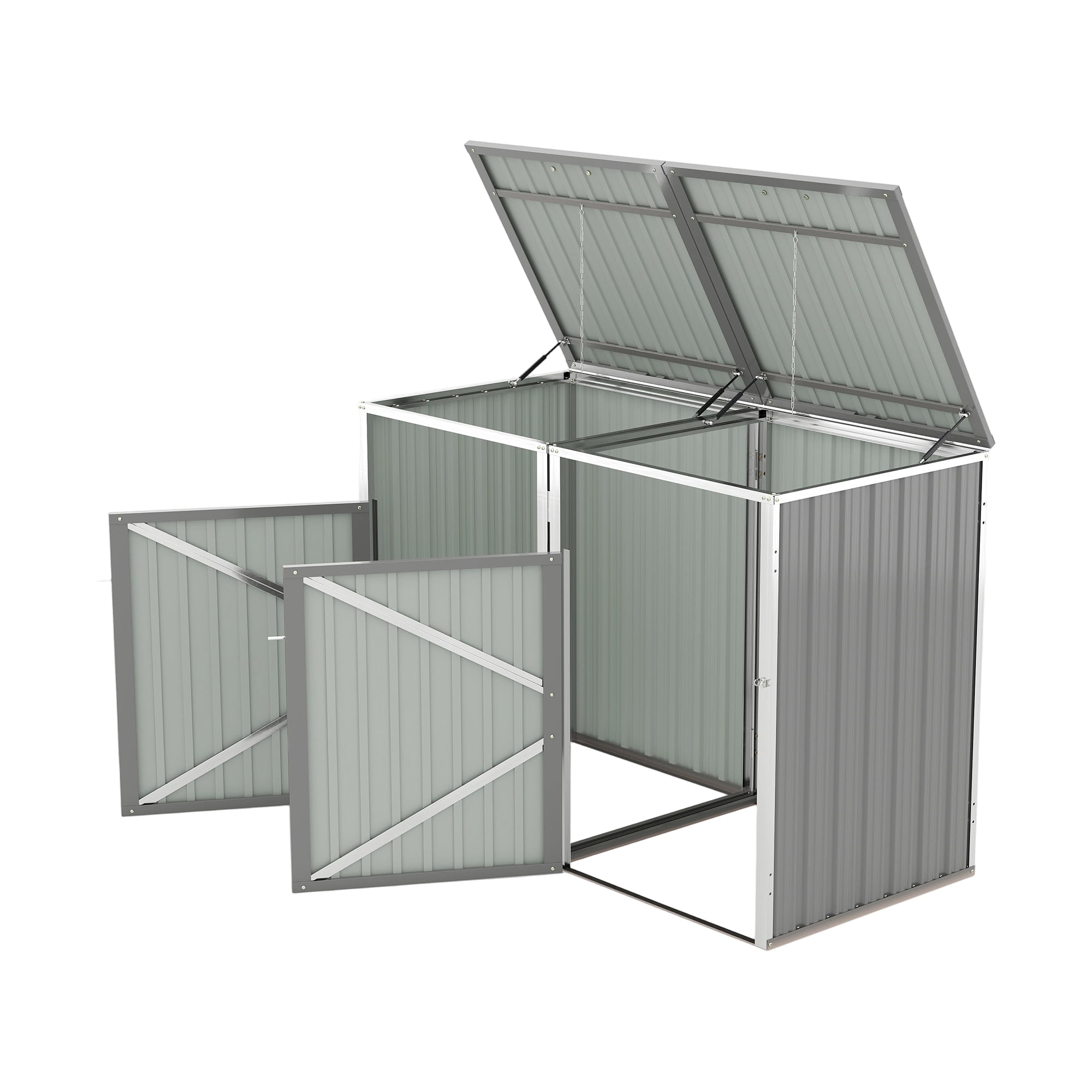 Aukfa 5.3 FT x 4 FT Outdoor Horizontal Garbage Bin Shed for 2 Trash Cans, Metal Trash Can Storage Shed with Lid Lift Chains & Hydraulic Support for Backyard Garden Lawn, Light Gray