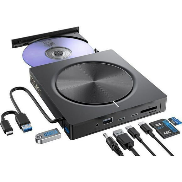 FOSMET External CD/DVD Burner Drive, USB 3.0 and USB-C DVD Burner with 2*USB-A 2*USB-C and SD/TF Slot, Optical CD for
