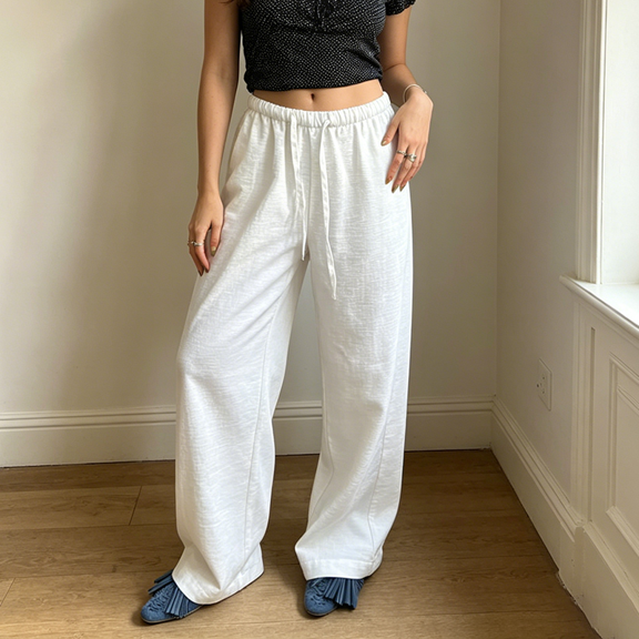 Morttic Women's Solid Color Drawstring Elastic High Waist Loose Wide Leg Pants with Pockets Beach Vacation Lounge Pants Beige，XS