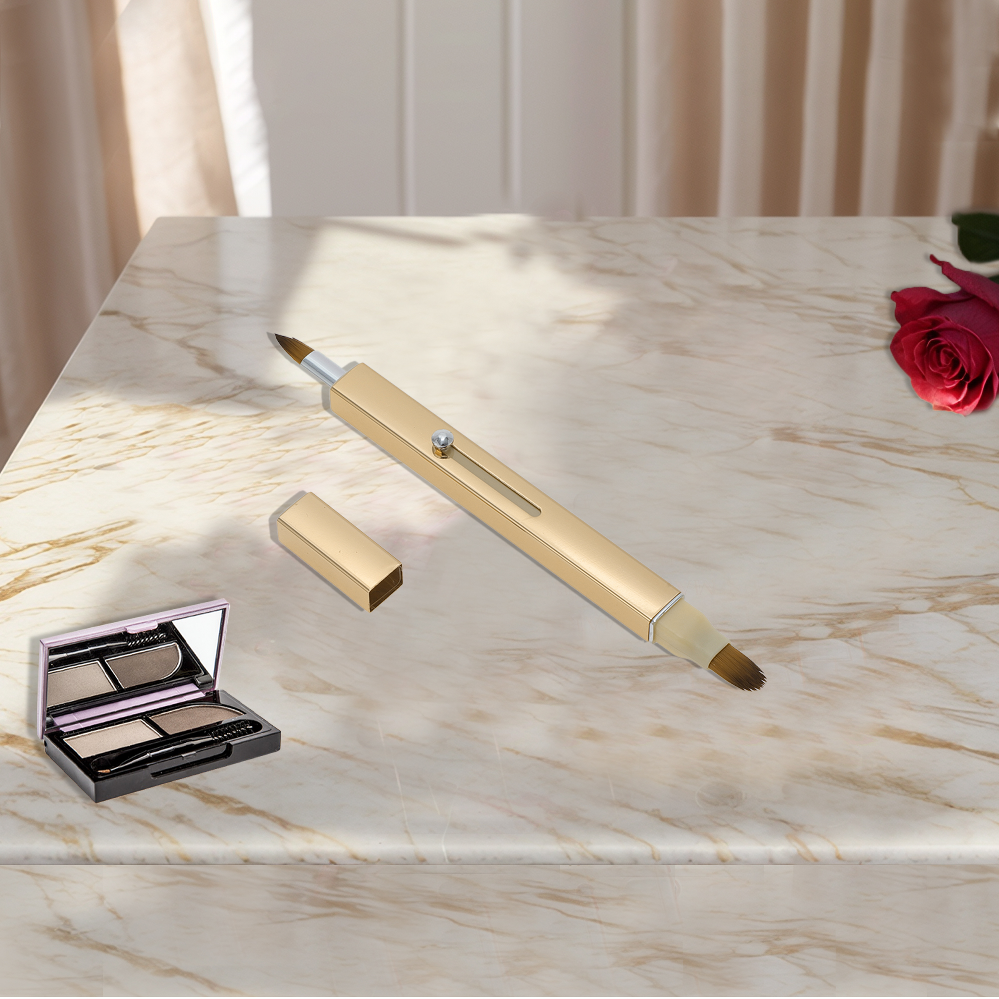 Unique Bargains 1 Pc Portable Durable Double Head Lipstick Brush for Travel Gold Tone