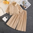thumbnail image 2 of Summer Bohemian Outfits for Girls Short Sleeve Lapel Lace Button Down Shirts High Waist Pleated Pants Sets Khaki 7-8 Years, 2 of 5