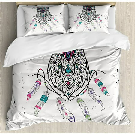 Ambesonne Tribal Wild and Free Inspirational Art Indian Wolf with Boho Feathers Print Duvet Cover