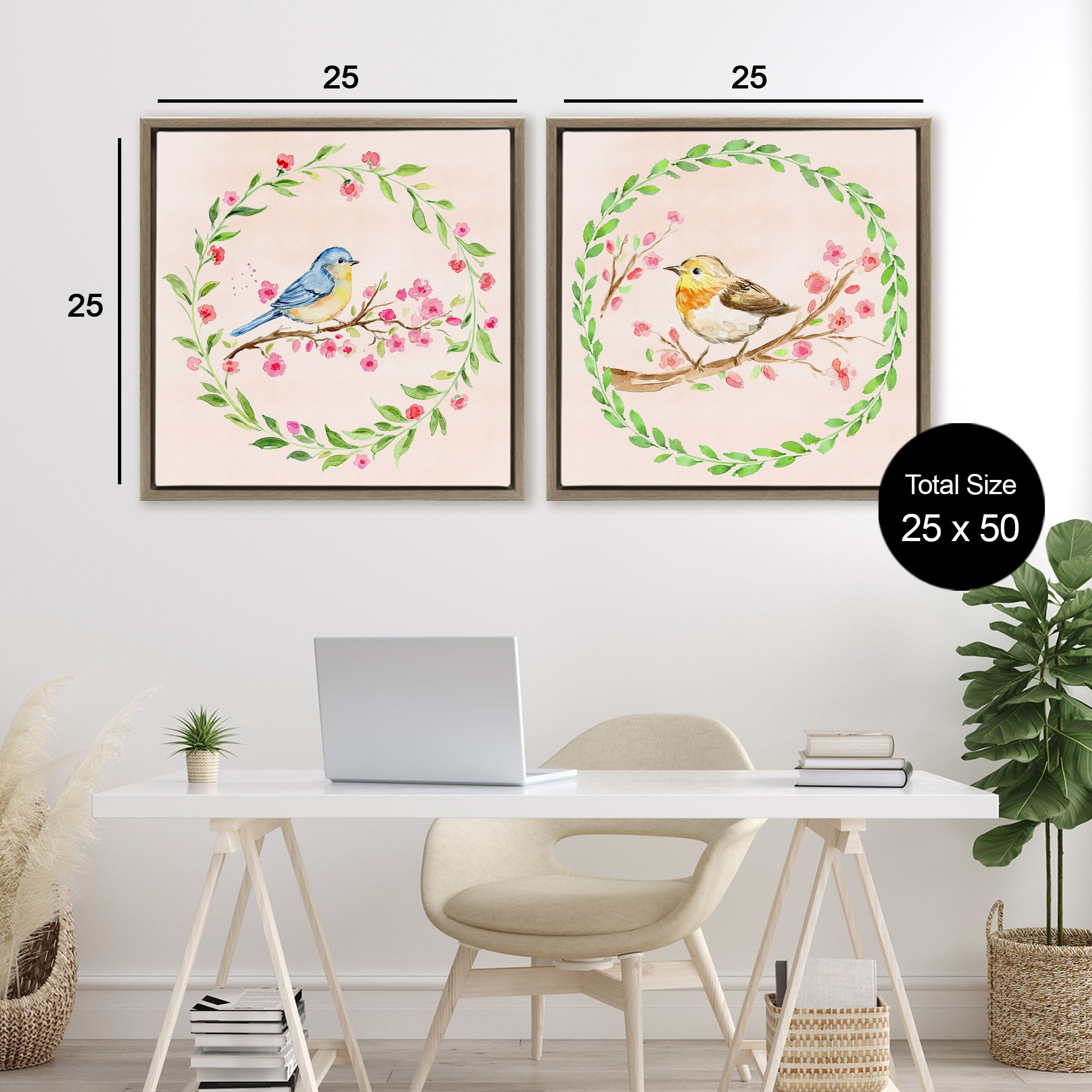 Spring Branches & Wreath Birds 2 Piece Brown Framed Floater Canvas Set, design by Elena Fay