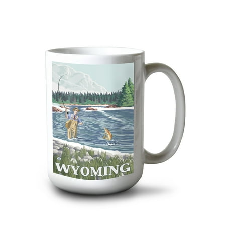 

15 fl oz Ceramic Mug Fly Fisherman Wyoming Dishwasher & Microwave Safe