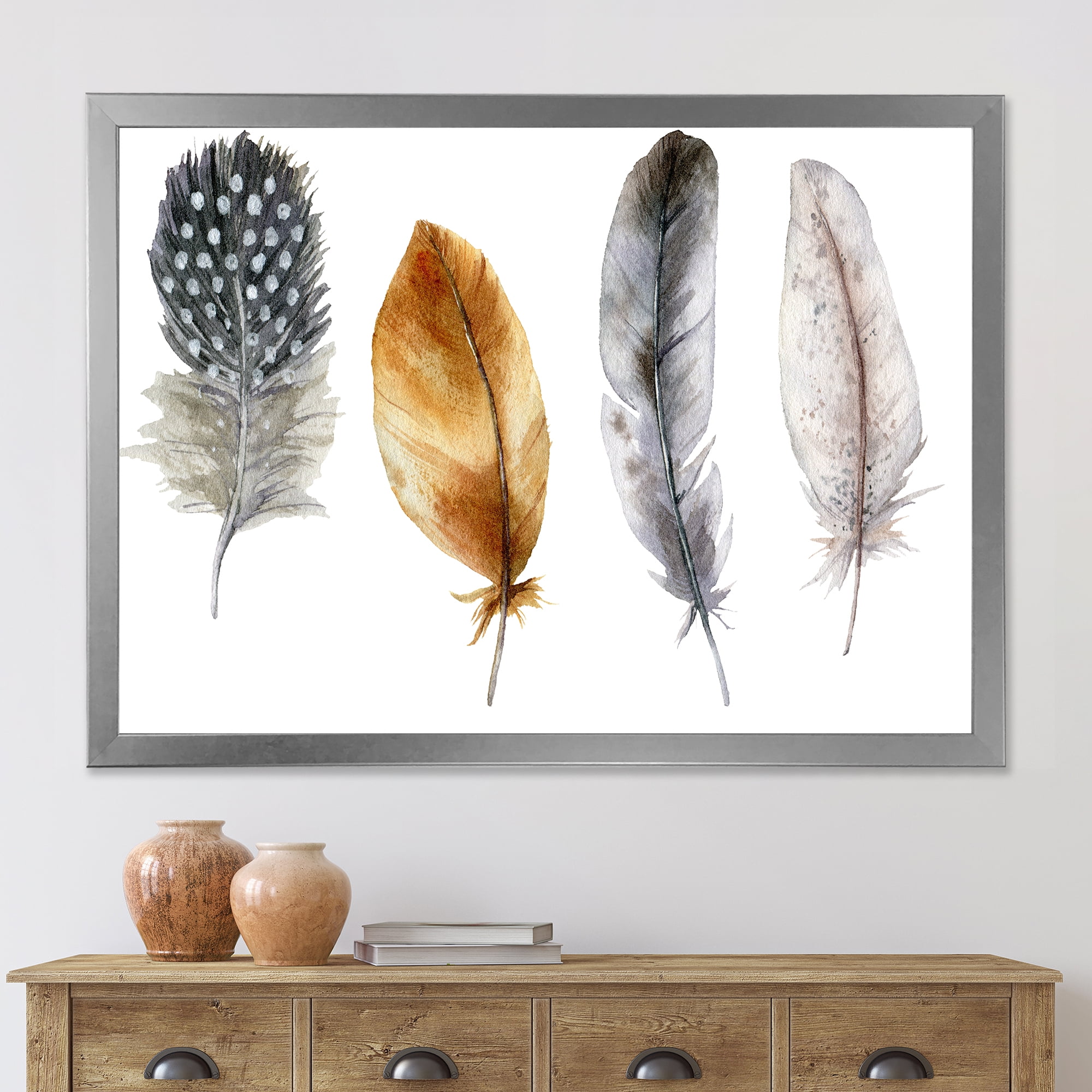 Designart 'Boho Feather In Blue and Orange Striped & Polka Dost' Bohemian & Eclectic Framed Art Print