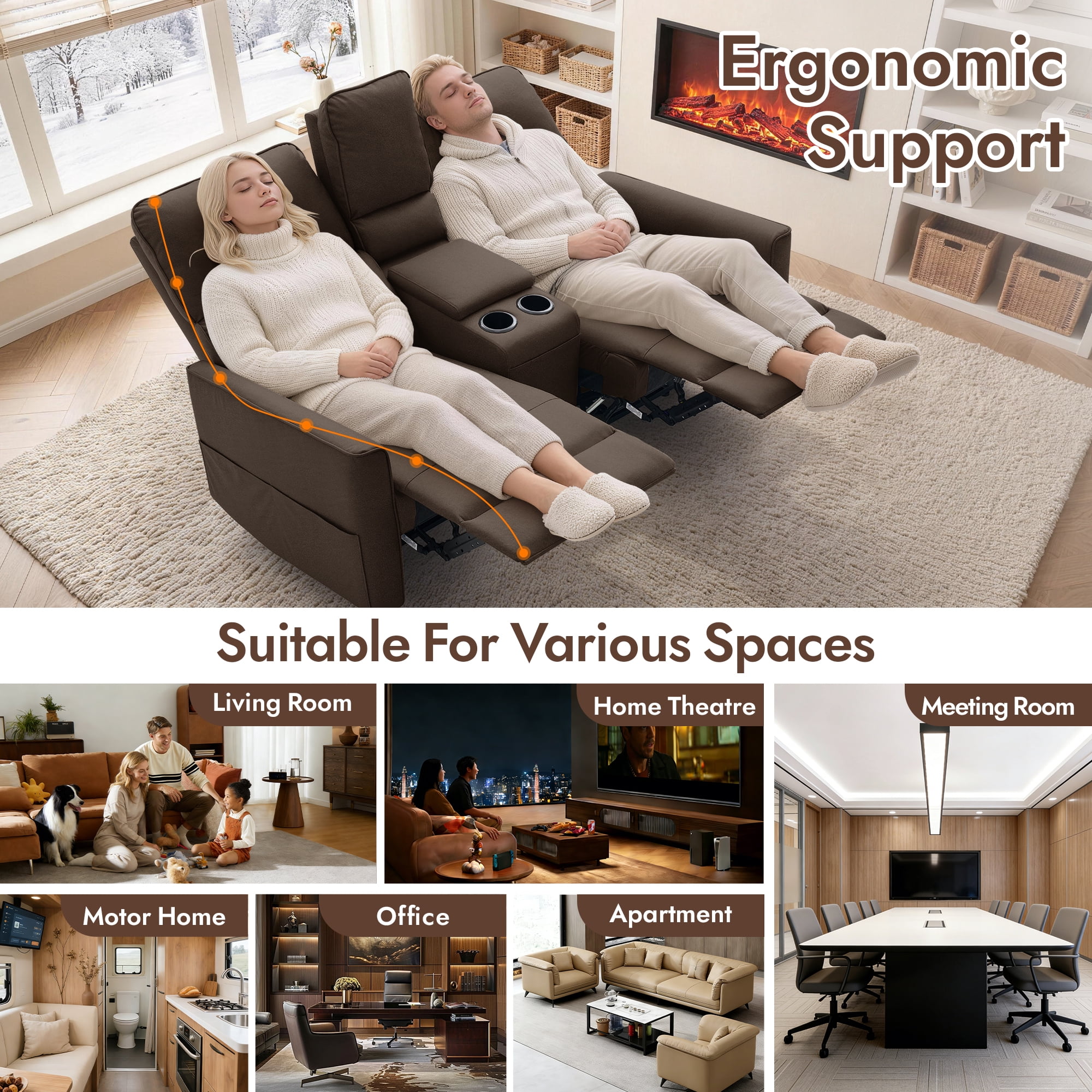 Korser 2-Seater Recliner Sofa with Pillow,Double Recliner Loveseat with Storage Console, Side Pockets, Cup Holders Manual Recliner Sofa for Living Room,Dark Brown