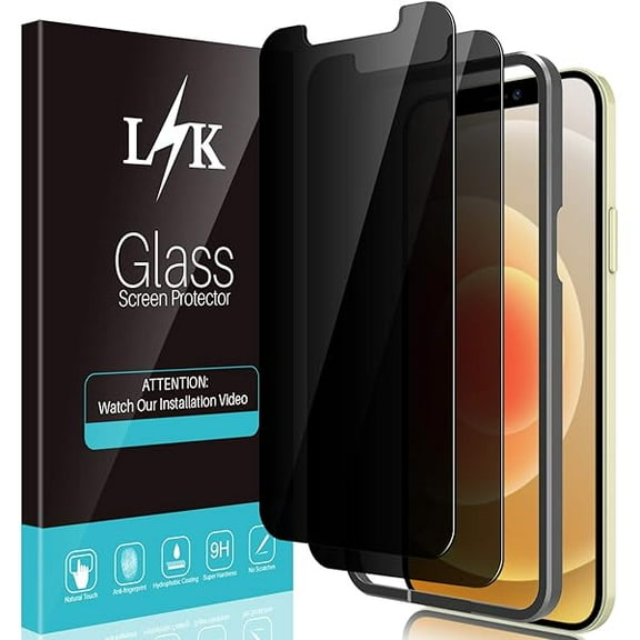 2 Pack LϟK Privacy Screen Protector Designed for iPhone 12 and iPhone 12 Pro 5G 6.1 inch Tempered Glass High Clear, Case Friendly, Come with Installation Tray -Black