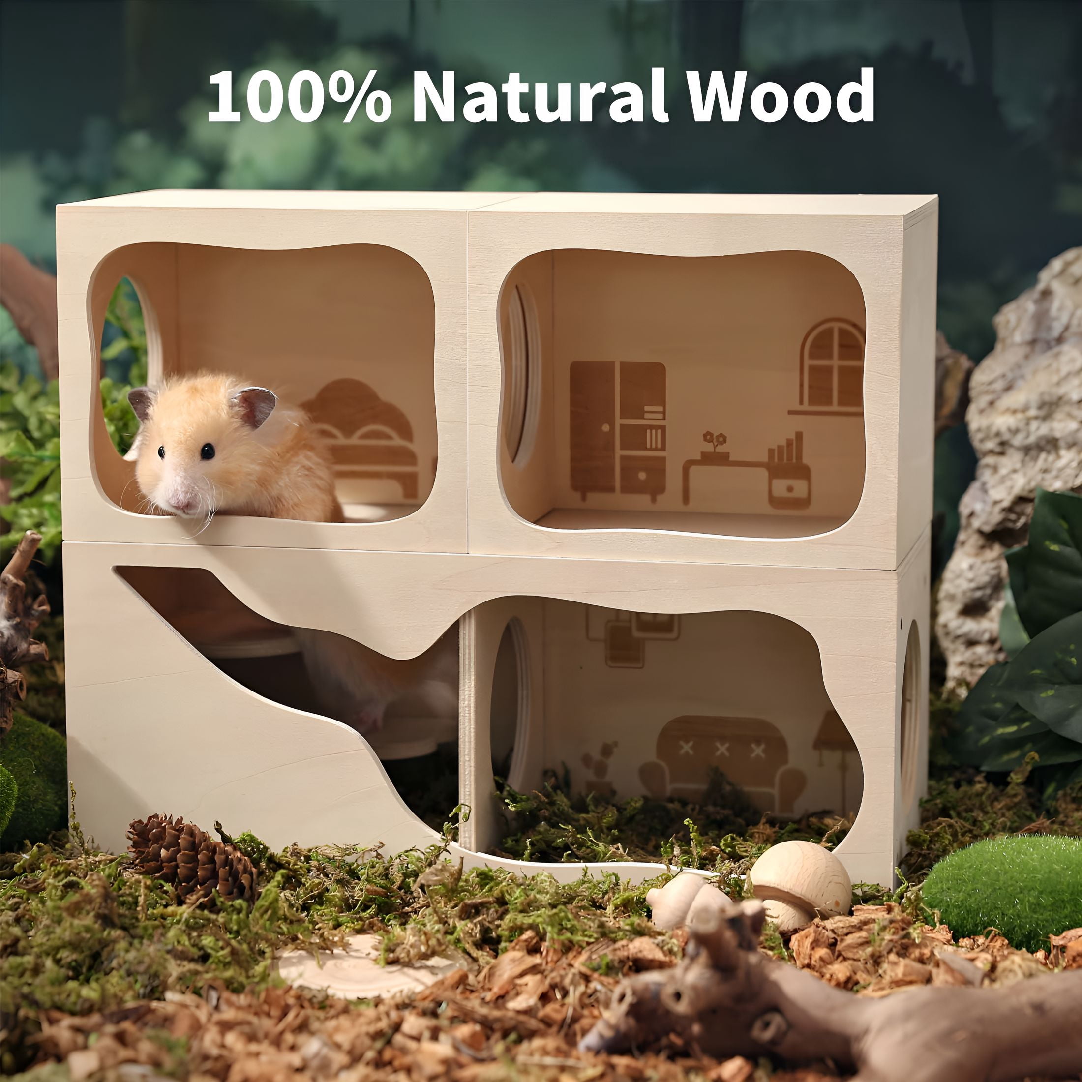 XIBUFE Guinea Pig Hideout Wooden House Chamber Small Animals Pets Tunnel Exploring Toys for Dwarf Hamsters, Syrian Hamsters, Gerbils, Hedgehogs, Rats, Mice, Chinchilla (Living Room)