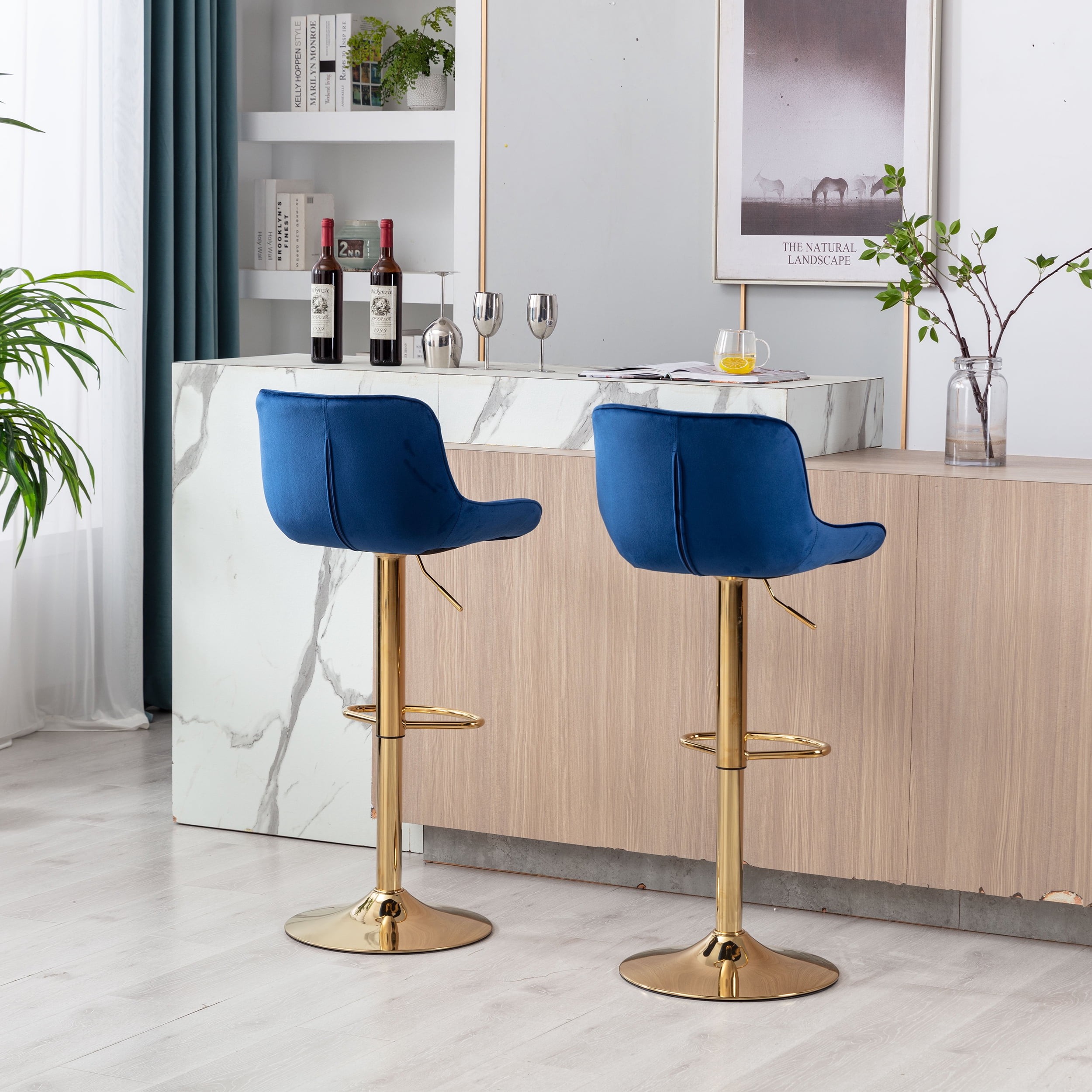 Aukfa Bar Stools Adjustable Swivel Barstool Upholstered Armless Chairs Set of 2 Kithcen Counter Stool,Navy