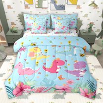 Homewish Dinosaurs Print 7pcs Bedding Comforter Set,Jungle Dino Queen Bedding Sets,Colorful Cartoon Daisy Queen Sheet Sets For Teens Boys,Luxury Bedroom Decor Reversible