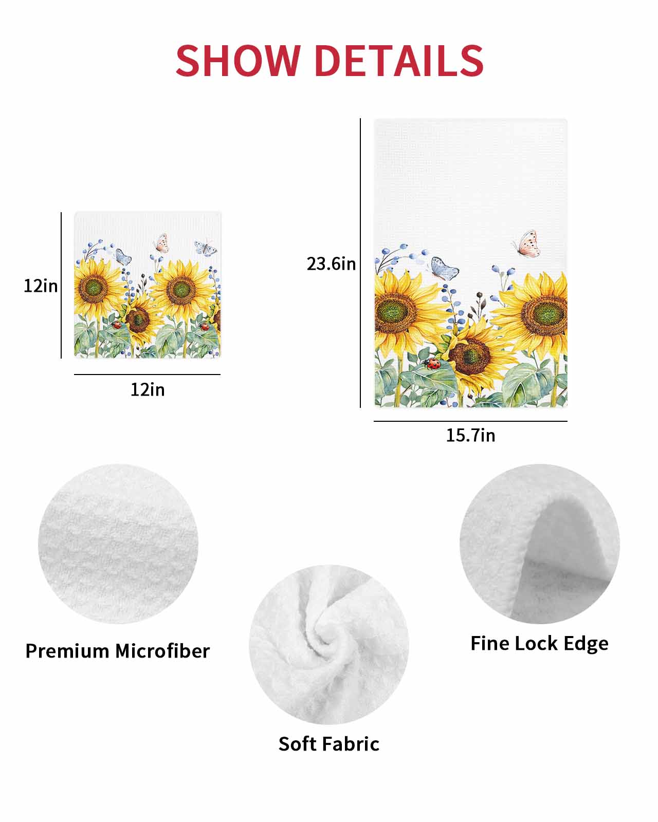 Sunflower Kitchen Dish Towels for Drying Dishes Set of 2, Yellow Floral Summer Botanical Waffle Weave Microfiber Terry Hand Tea Bathroom Towels Quick Dry & Absorbent Towel 15.7x23.6
