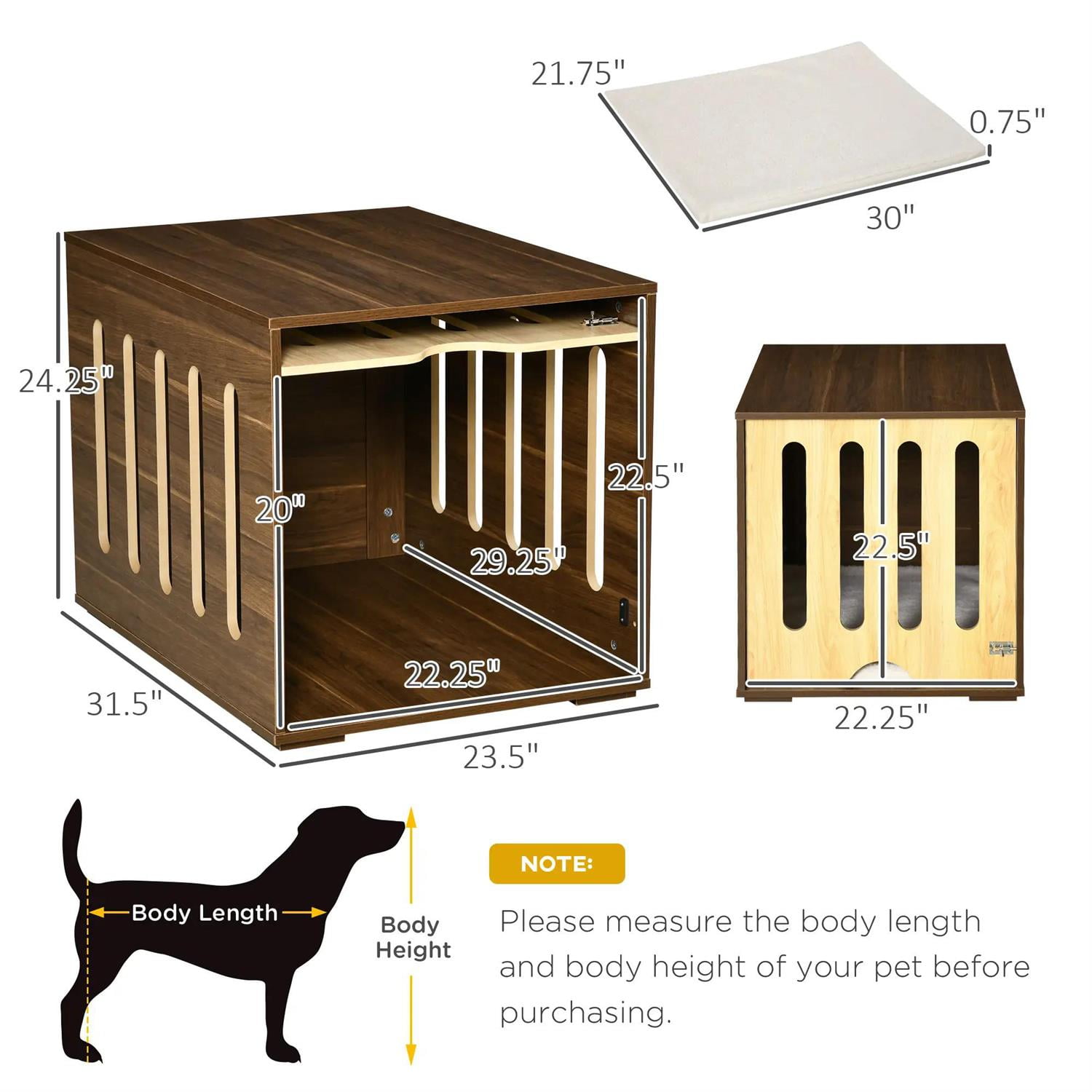 Pefilos 23" Dog Crate Furniture with Foam Cushion, Safety Lock, Wooden Kennel Table with Removable Door Panel, Indoor Dog House for Small Dogs, Brown