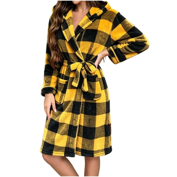 SHTXOZHI Plaid Robes for Women Warm Hooded Bathrobe Knee Length Sleepwear Long Sleeve Homewear with Pockets and Belt