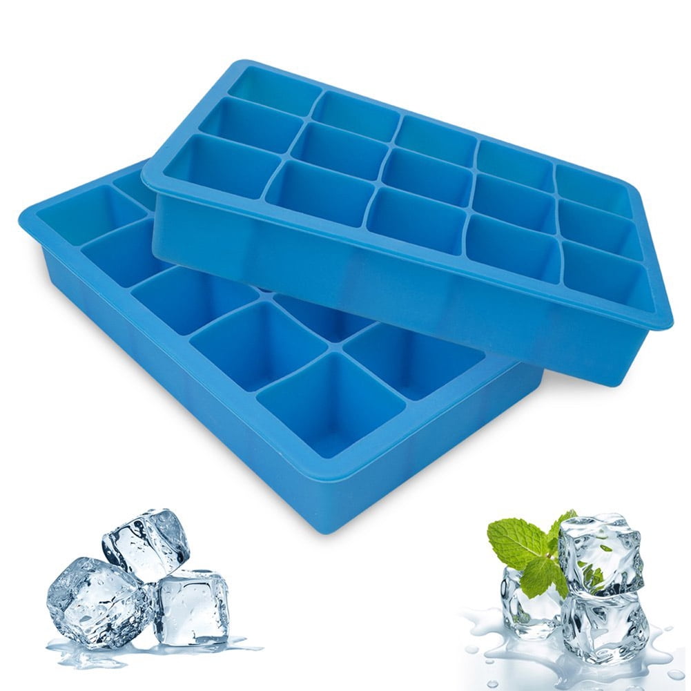 2Pcs 15 Cavity Silicone Mold with Cover for Making Ice Cube blue
