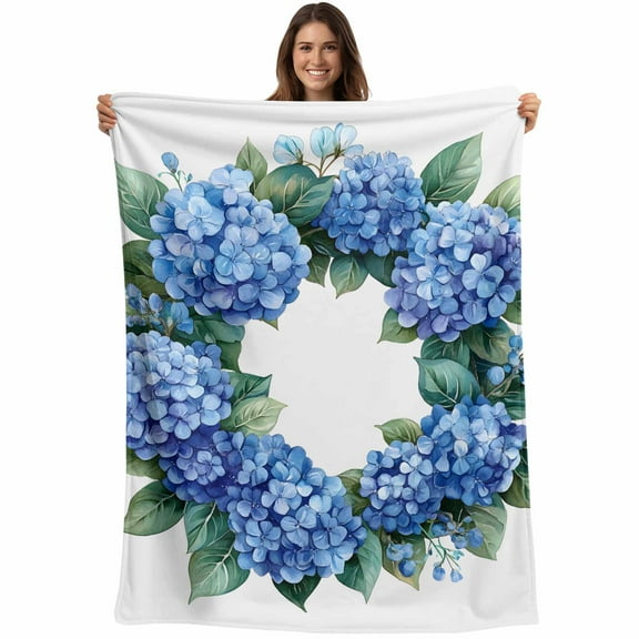 Blue Hydrangea Throw Blankets, Watercolor Floral Soft Fleece Blanket Decorative for Home Sofa Couch Chair Living Bedroom, 40x50 inches,