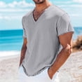 thumbnail image 2 of ZCFZJW Mens Fashion Cotton Linen Tops Casual Frayed Rage Summer Short Sleeve V Neck Basic Solid Color Athletic T-Shirts Loose Regular Fit Street Tees Tops Gray S, 2 of 6