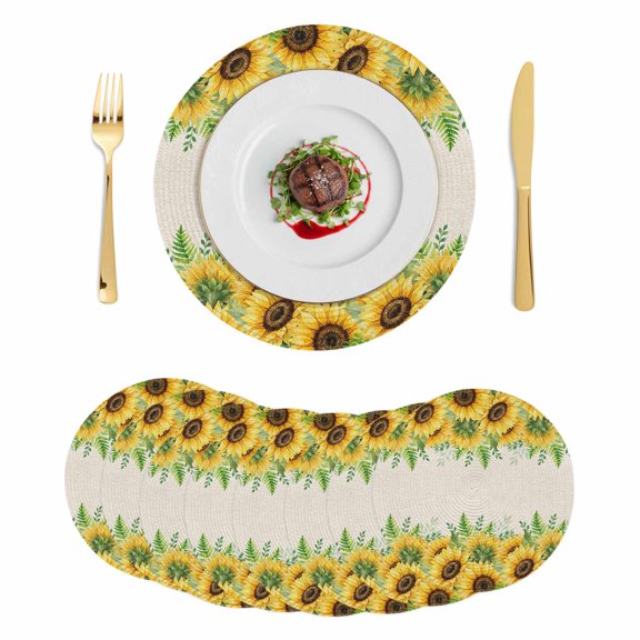 Summer Sunflowers Round 15 Inch Placemats Set of 8, Botanical Country Flowers Leaves HeatResistant Non Slip Place Mats for Dining Table, Wipeable Braided Kitchen Table Mats for Housewarming