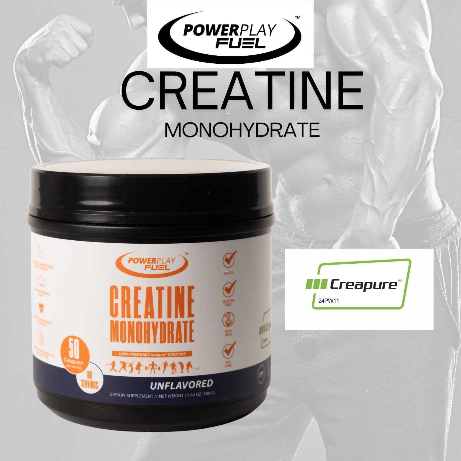 Power Play Fuel Creapure® Creatine Monohydrate Powder, Unflavored, 500g