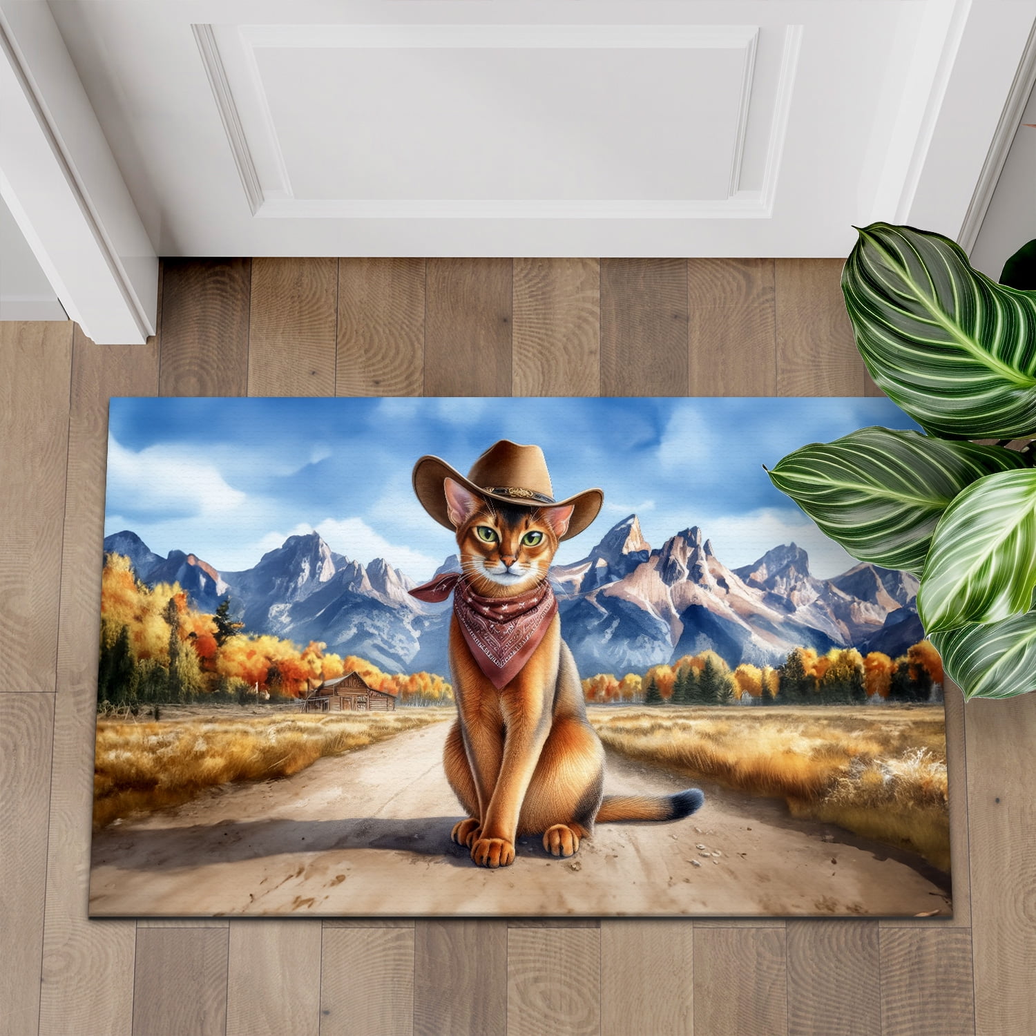 Welcome Fall Western Cowboy Abyssinian Enjoys Majestic Autumn Doormat Cat Lover Kitten Owner Gifts Indoor Outdoor Welcome Mat - 01007