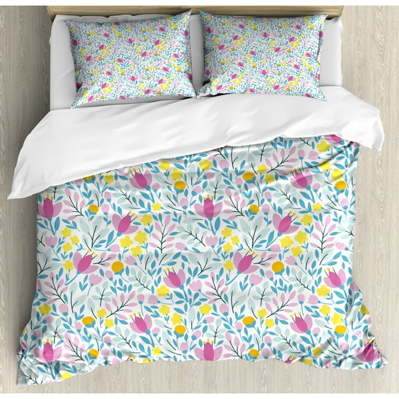 Floral Duvet Cover Set Queen Size, Pink and Yellow Colored Flowers in Bloom Buds with Leaves on Plain Background Print, Decorative 3 Piece Bedding Set with 2 Pillow Shams, Multicolor, by Ambesonne