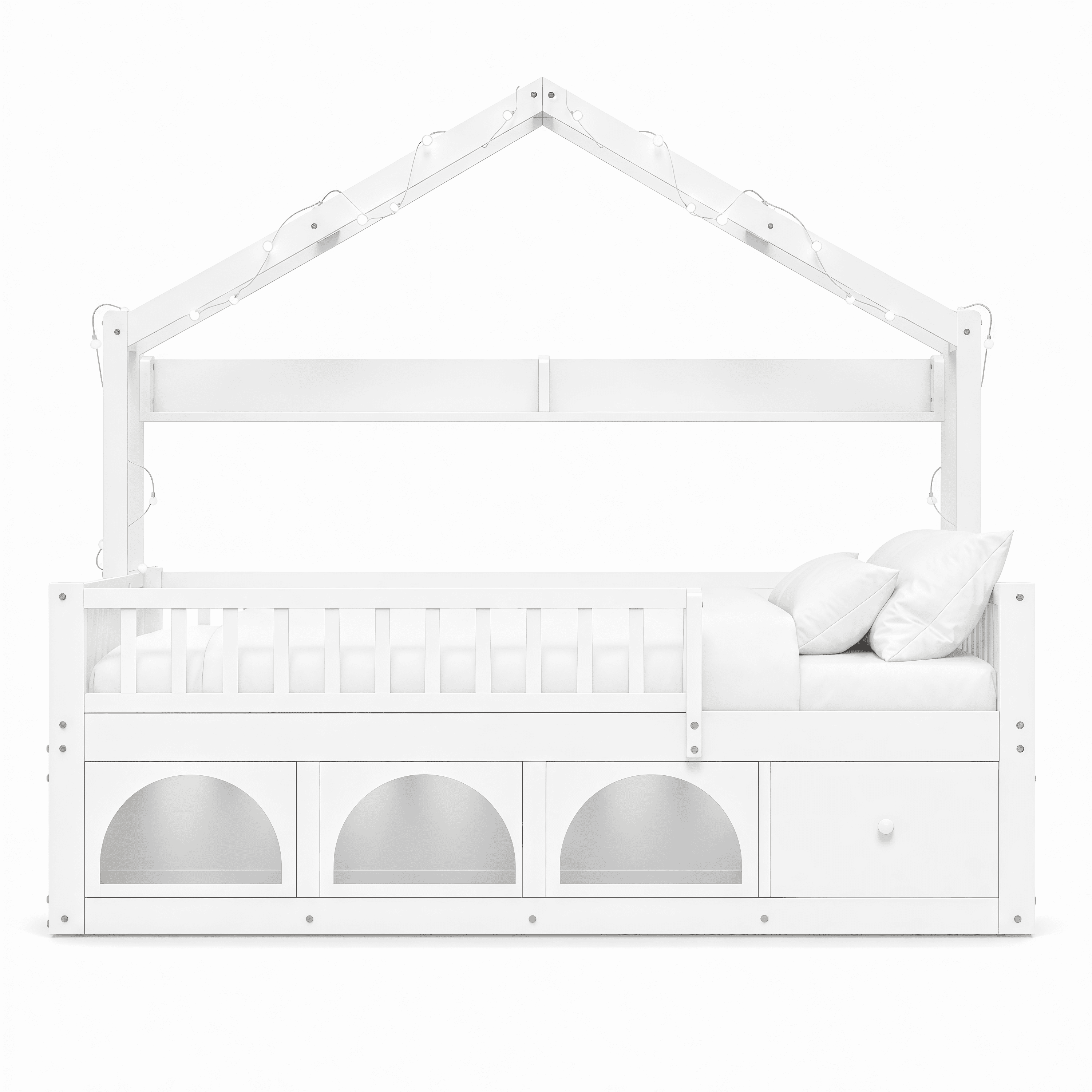 Euroco Wood Twin Size Platform Bed with Drawers and Cabinets, House Bed with LED Light and Bookshelf, White