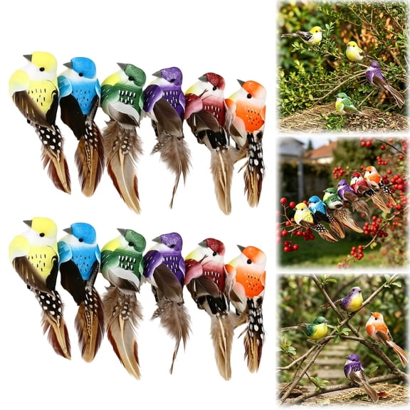 12Pcs Colorful Artificial Birds with Feathers, Clip On Fake Birds for Decoration, Realistic Simulation Birds Ornaments, Garden Yard Tree Hanging Decorations, Indoor Outdoor Decorative Birds