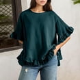 thumbnail image 5 of Yubnlvae Oversized Collared Blouse - Short Sleeve Ruffle Detail Casual Shirt (Breathable Cotton | Relaxed Fit | Button-Front | Everyday Wear) (Dark blue | L), 5 of 7