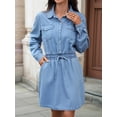 thumbnail image 5 of Women Long Sleeve Denim Dress Tie Waist Button Down Jean Mini Dresses with Pockets Blue S, 5 of 9