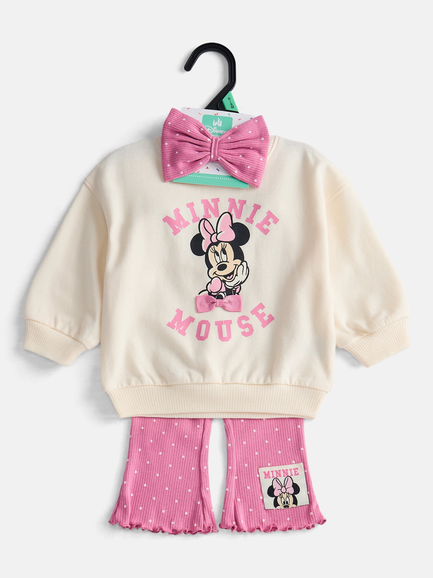 Minnie Mouse Baby Girl’s Crewneck Sweatshirt, Leggings and Headband Set, 3 Piece, Sizes 0/3M-24M