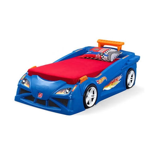 Kids Twin Bed Blue Sports Racing Car Nascar Toddler boy wheels zoom ride drive 