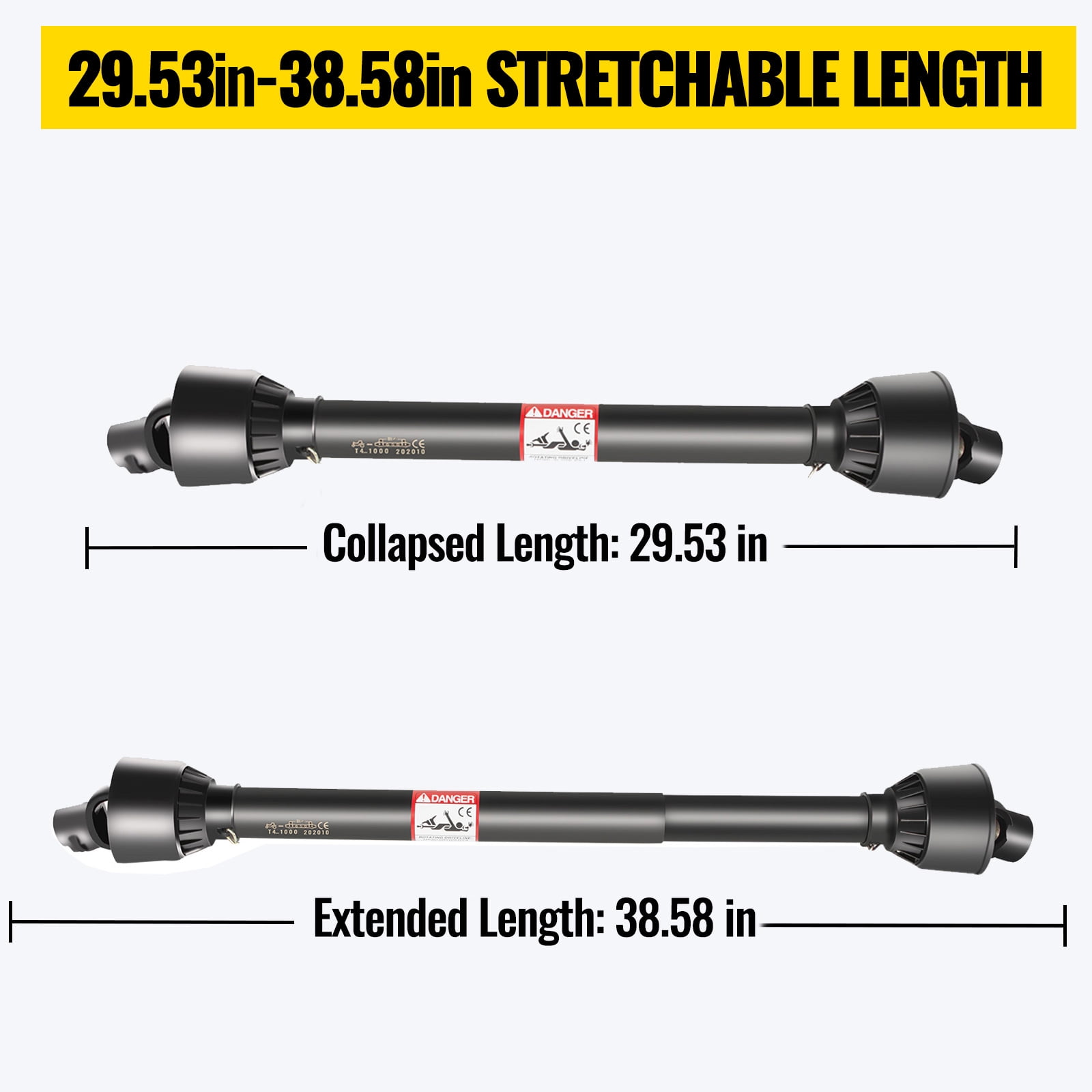 VEVOR 1-3/8” PTO Drive Shaft, 6 Spline Tractor and Round Implement End, 30” - 39” Brush Hog, Black, for Finish Mower, Rotary Cutter