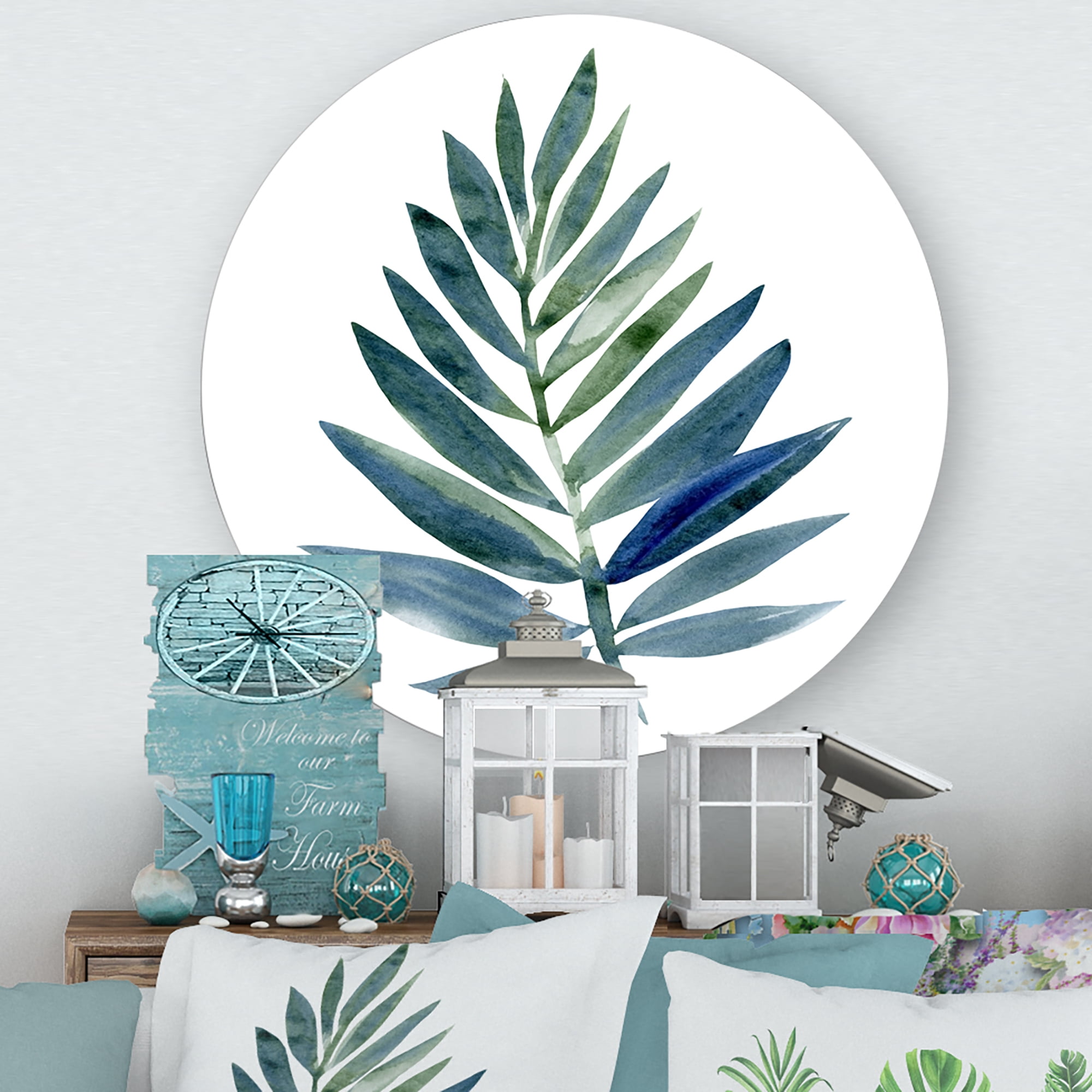 Designart 'Tropical Green Leaf On White' Farmhouse Circle Metal Wall Art 23x23 - Disc of 23
