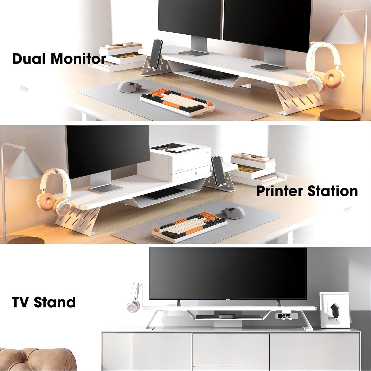 Dual Monitor Stand 42.5 Inch Wood Desk Shelf with Headphone & Phone Holder for Office Organization