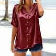 thumbnail image 2 of Short Sleeve Blouses for Women Summer Plus Size V-Neck Button-up Solid Color Casual Loose Leisure Outdoor Womens Satin T-Shirts, 2 of 6