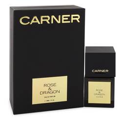 rose & dragon eau de parfum spray (unisex) por carner barcelona frasco negro rectangular con tapa cuadrada y caja negra vertical con logotipo CARNER en dorado y etiqueta frontal dorada con texto Rose & Dragon, envase sobre fondo blanco.