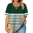 thumbnail image 2 of Feancey Plus Size Trendy Womens Tshirts Summer Short Sleeve Striped Print Tops Criss Cross V Neck Loose Blouse Business Casual Oversized T-Shirt Green4XL, 2 of 7