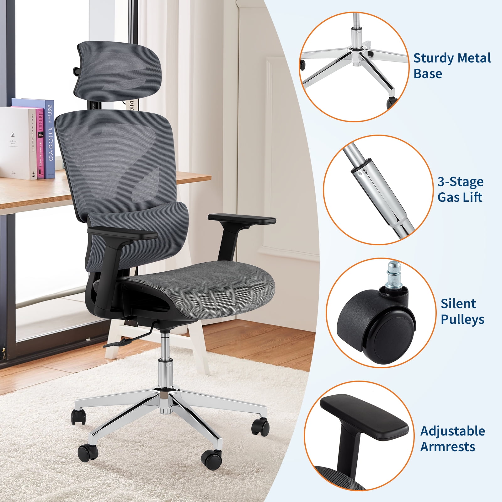 COZONY 47inch Ergonomic High Back Mesh Office Chair with 4D Armrests, Adjustable Lumbar, Seat Depth, 350 Lbs Capacity for Home Office, Gaming,Gray