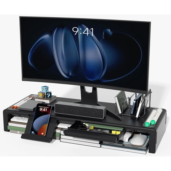OImaster Monitor Stand Riser, Foldable Computer Monitor Riser, Adjustable Length Computer Stand and Storage Drawer & Pen Slot, Phone Stand Compatible