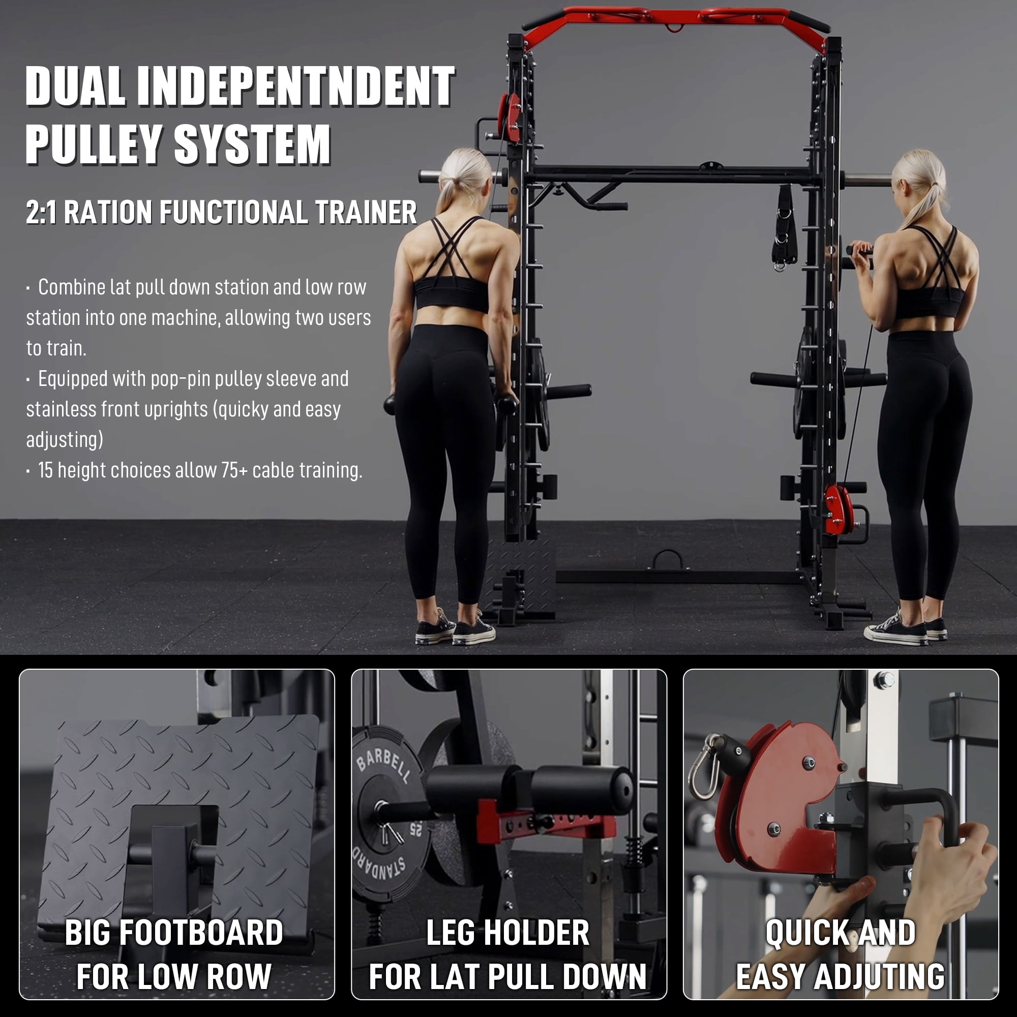 Smith Machine Home Gym, 2200 lbs Power Rack Cage with Cable Crossover, Weight Bar, 360° Landmine, Barbell Holders and Other Attachments, Total Body Strength Training Cage