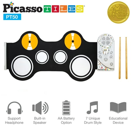 PicassoTiles PT50 Kid's Flexible Roll-Up Electronic Digital Music Drum Kit w/ Recording Feature & Built-In