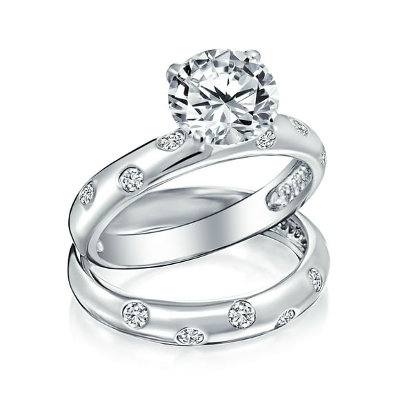 Bling Jewelry Womens 2CTW Solitaire CZ Engagement Wedding Band Ring Set Silver